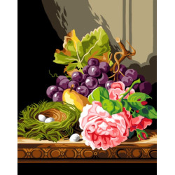 Gobeleno drobė pagal Edvardą Ladelį – Natiurmortas su rožėmis, vaisiais ir paukščių lizdu 40 x 50 SAC111