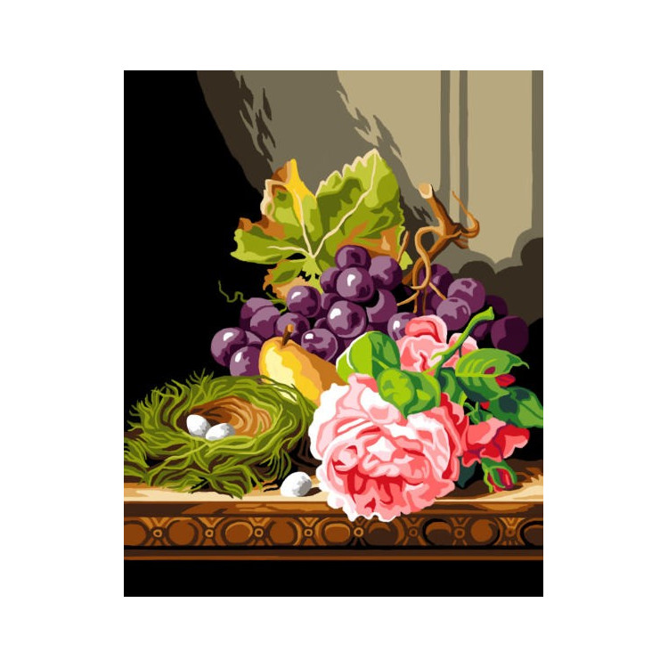 Гобеленовый холст по мотивам Эдварда Ладелла - Натюрморт с розами, фруктами и птичьим гнездом 40x50 SAC111