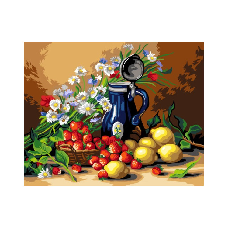 Gobeleno drobė pagal Hubertą Bellisą – Natiurmortas su citrinomis, braškėmis ir gėlėmis 40 x 50 SAC114