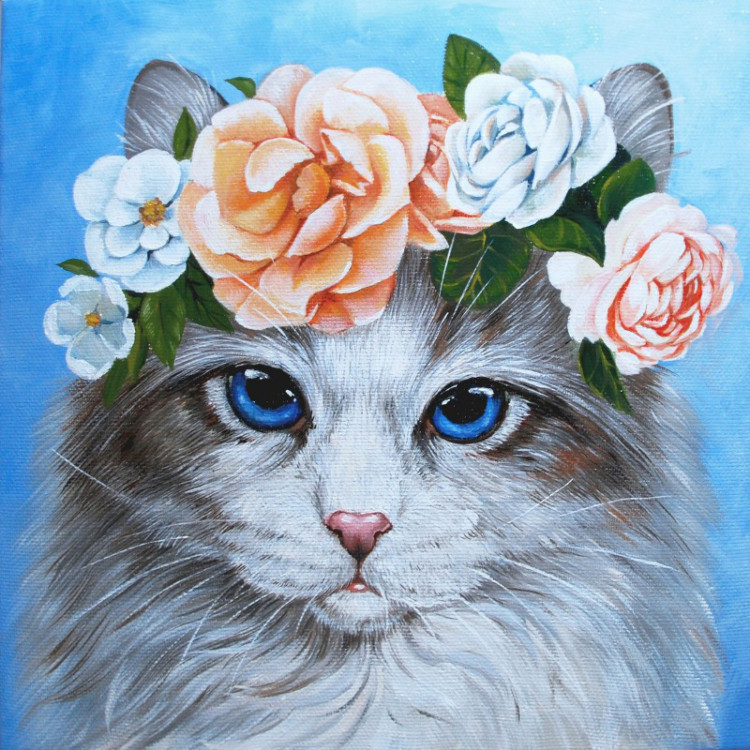 (Auslaufmodell C) Blauäugige Katze in Blumen 38x38 WD2464