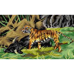 Gobeleno drobė pagal Friederichą Wilhelmą Kuhnertą – tigras su savo melstis 30x50 SA3386