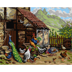 Gobeleno drobė pagal Carlą Jutzą – viščiukai ir povas kieme 40 x 50 SA3306