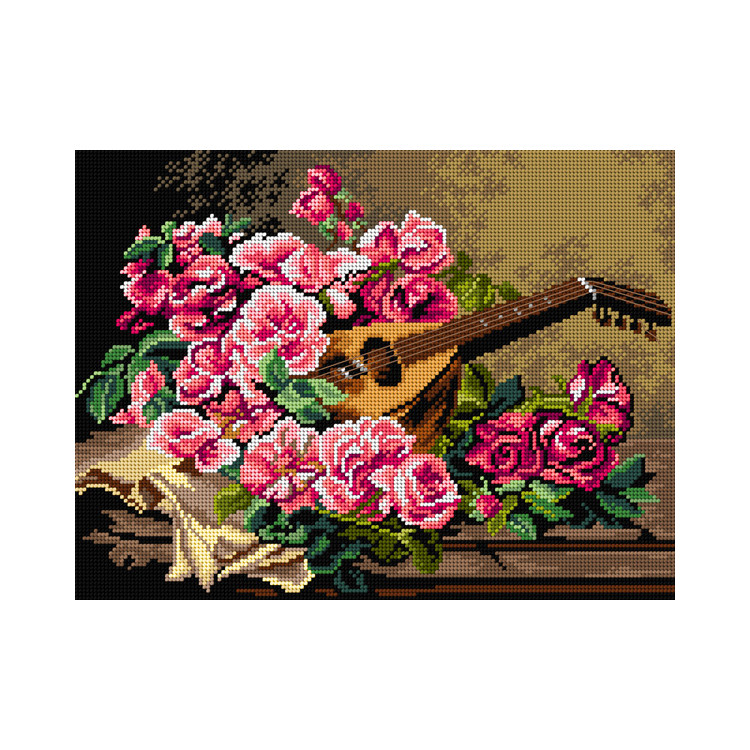 Gobelin nach Georges Jeannin - Stillleben mit Rosen und Mandoline 30x40 SA3424