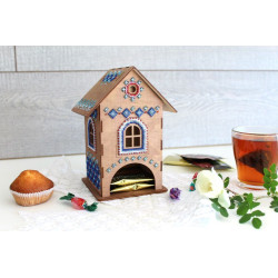 Beaded embroidery on wooden base "Tea house №1" SO-061