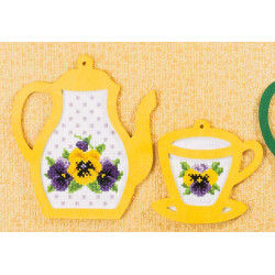 Cross stitch kit with frame Pansies with Teapot and Cup – Yellow 16x18 SA6540
