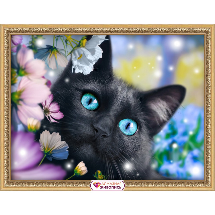 Diamond Painting kit Black cat in the flowers 40х30 cm AM1900