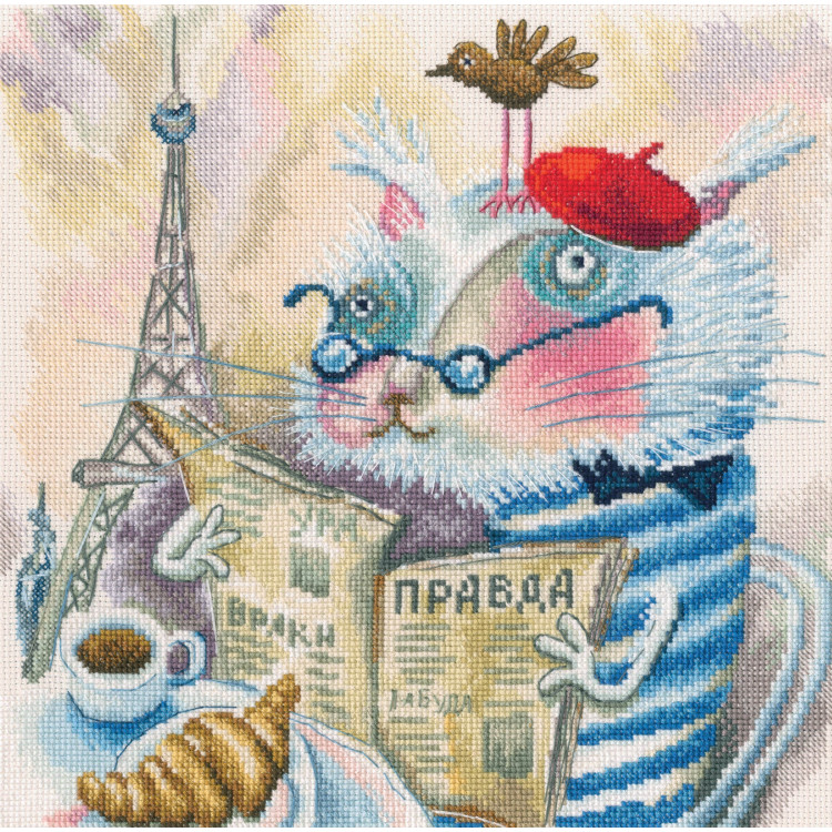 Kreuzstichset „Katze liest ein Buch in Paris“ M843