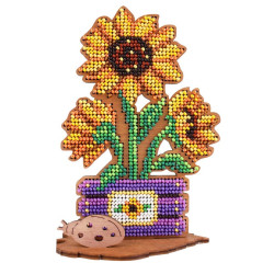 Perlenstickerei auf Holzsockel „Sonnenblumen in einer Kiste“ SO-099