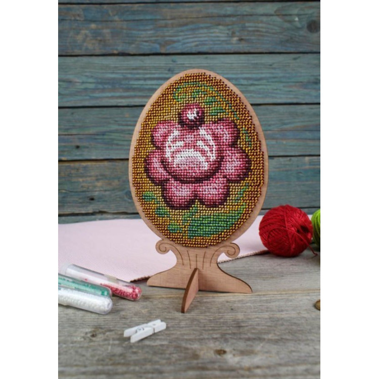 Cross-stich on wooden base "Beaded egg. Gorodets painting" SO-111