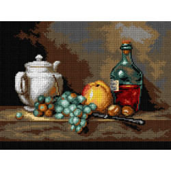 Gedruckter Gobelin „nach Jean Chardin „Stillleben mit weißer Teekanne, Trauben, Kastanien und Apfel“ 30x40 SA3537