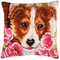Cushion kit Dog and pink poppies 40 X 40 cm CDA5213