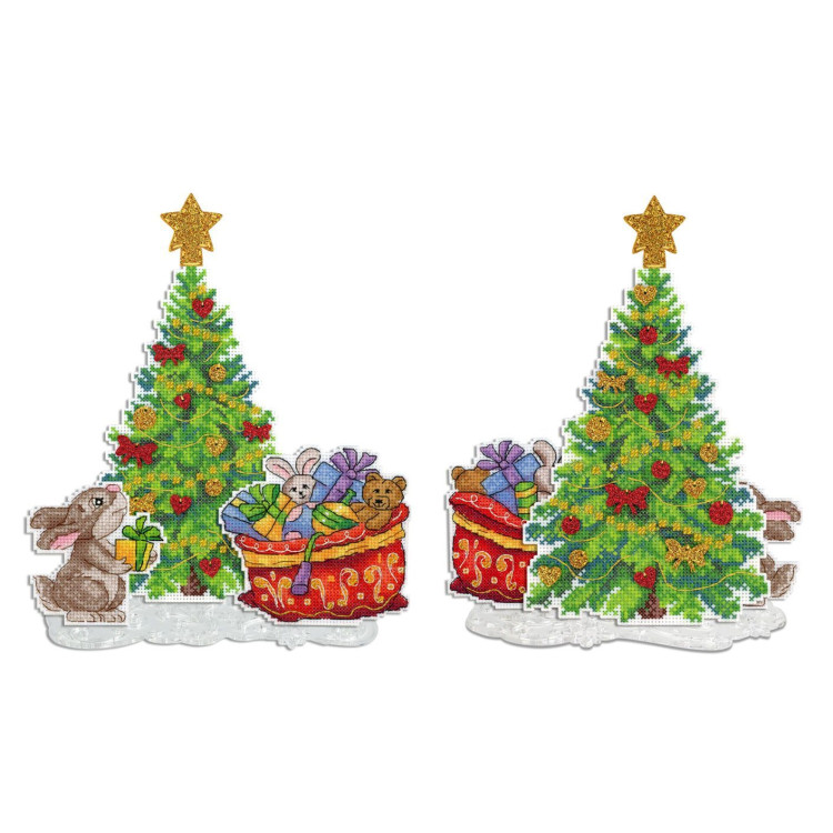 Kreuzstichset „Weihnachtsbaum mit Geschenken. Set mit 3 Szenen + Ständer“ SR-945