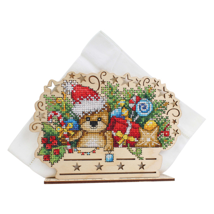 Cross-stich on wooden base "Napkin holder “New Year is coming” SO-096