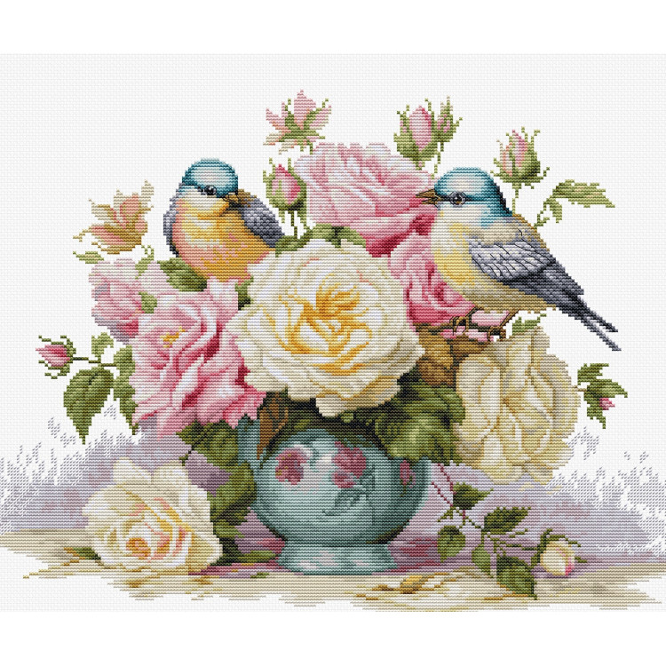 Cross Stitch Kit Vase with Roses and Birds 34x27 cm SB7038