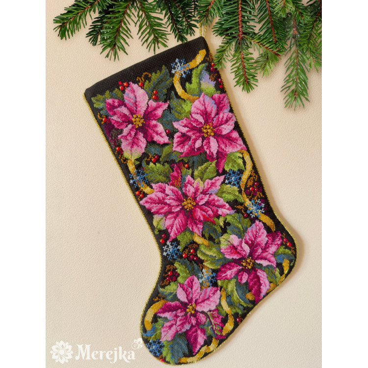 Cross stitch kit "Pink Poinsettia Christmas Stocking" 35x22 cm SK262