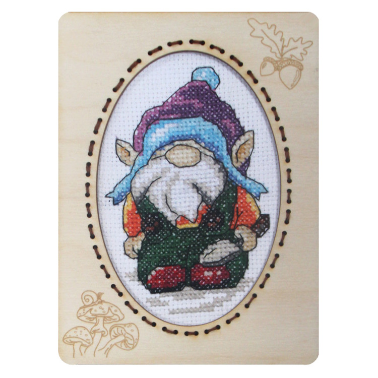 Skaičiuojamo kryželio rinkinys su faneros rėmeliu. Gnomai. 10,6 x 14,4 cm SA6661