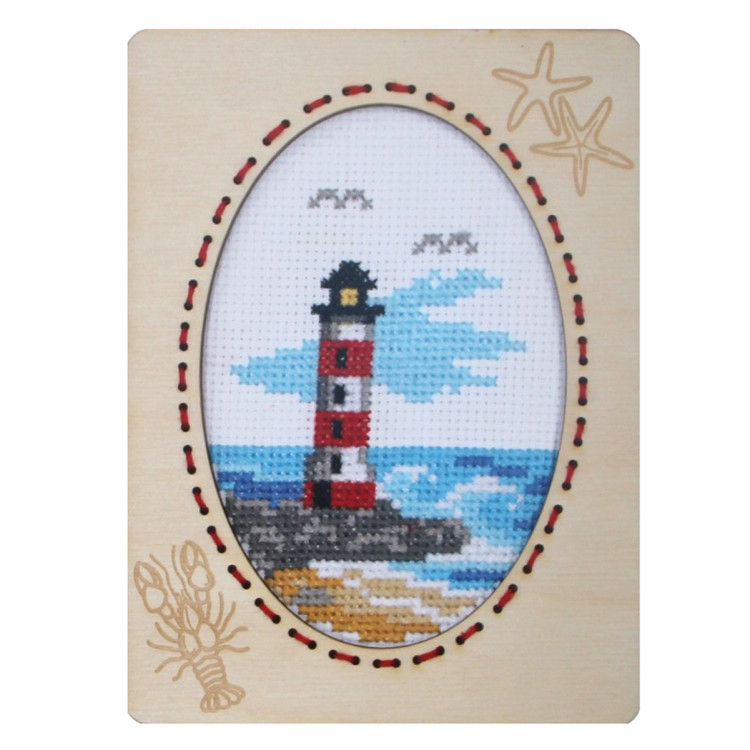 Zählkreuzstich-Set mit Sperrholzrahmen. Leuchtturm. 10,6 x 14,4 cm SA6654