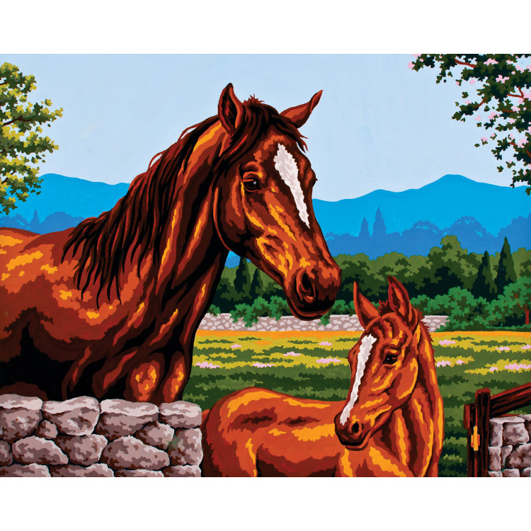 Bedruckte Leinwand 50x40 Stute und Fohlen an der Steinmauer CDA11494