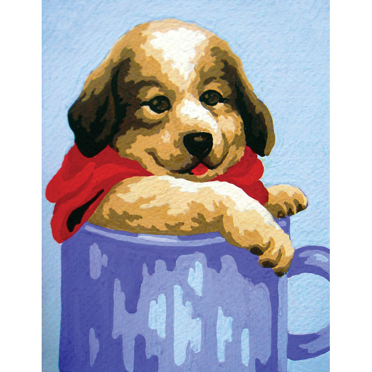Tapestry Kit with printed canvas 14x18 Puppy in Blue Pot CDA3270K