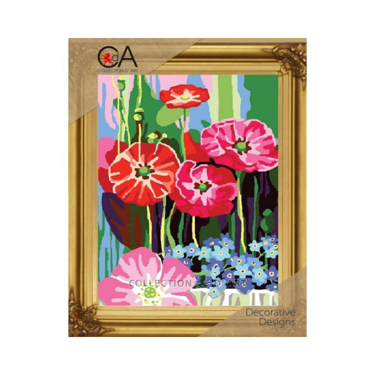 Gobelin-Set mit bedruckter Leinwand 22x30 Mohnblumen und Vergissmeinnicht CDA6320K