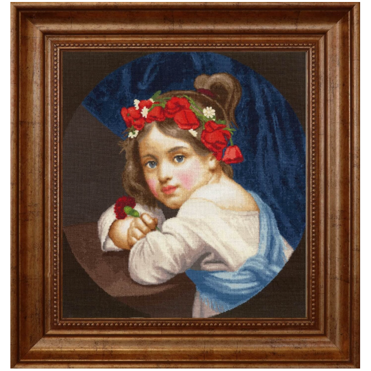 Cross stitch kit A girl in a poppy wreath with a carnation in her hand (Mariuccia). 1819 S/MK109