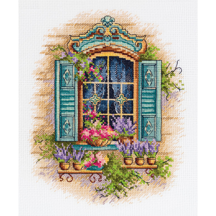 Kryželių siuvinėjimo rinkinys "Langas ir gėlės" 18 x 21 cm PDE-7433