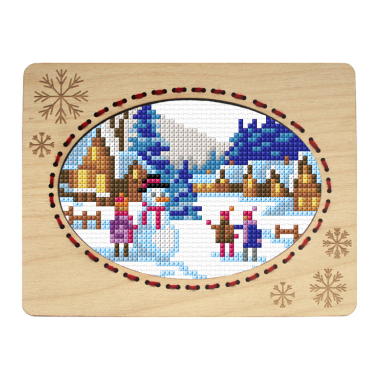 Counted cross stitch kit with plywood frame. "Landscape with Snowman" SA6677