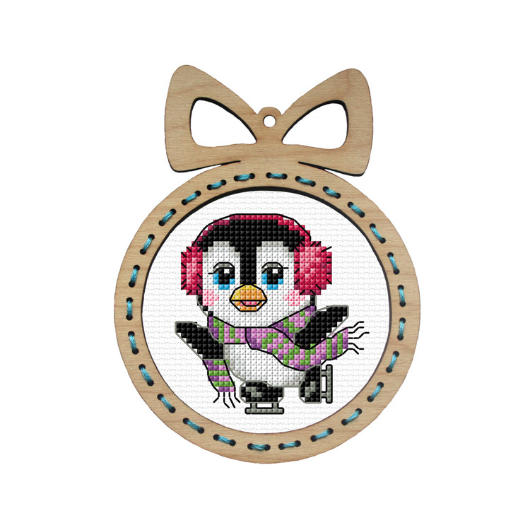 Suskaičiuotų kryželių rinkinys su faneros rėmeliu. Kalėdinis pingvinas 10x13 cm SA6675