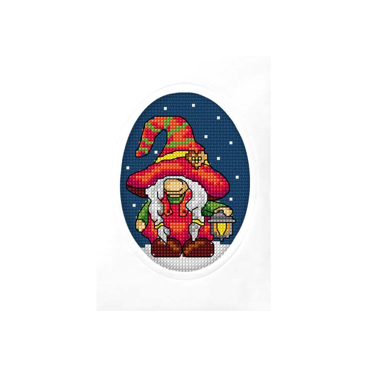Cross stitch Handmade card "Gnome with a lantern" SA6326