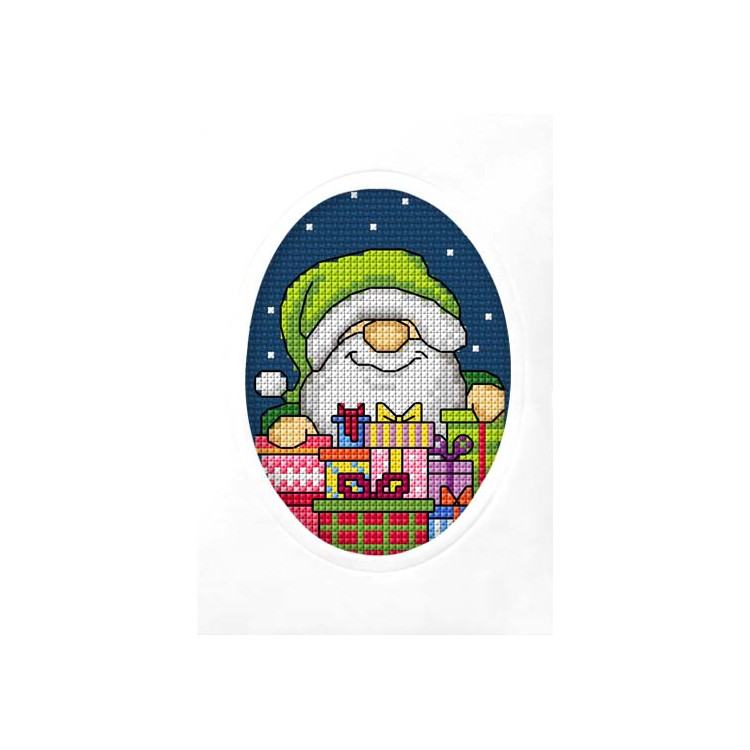 Cross stitch Handmade card "Gnome with gifts" SA6325