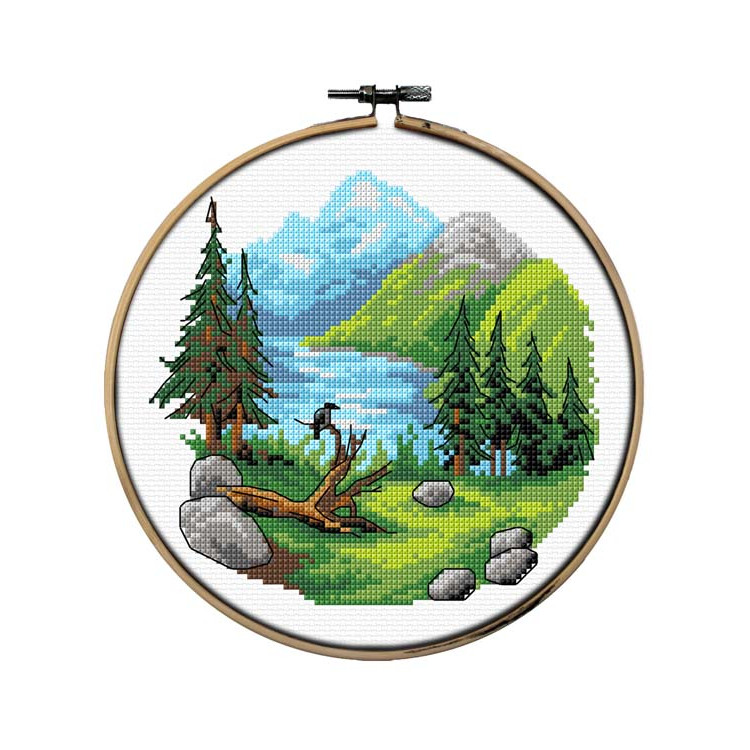 Counted Cross Stitch Kit with Hoop Included "Mountain landscape" 20 cm SA7977