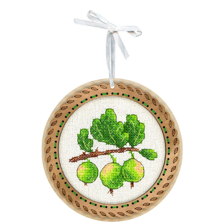 Вышивка крестом на деревянной основе "Миниатюра. Деревенские ягоды. Крыжовник" 10x10 см SO-130