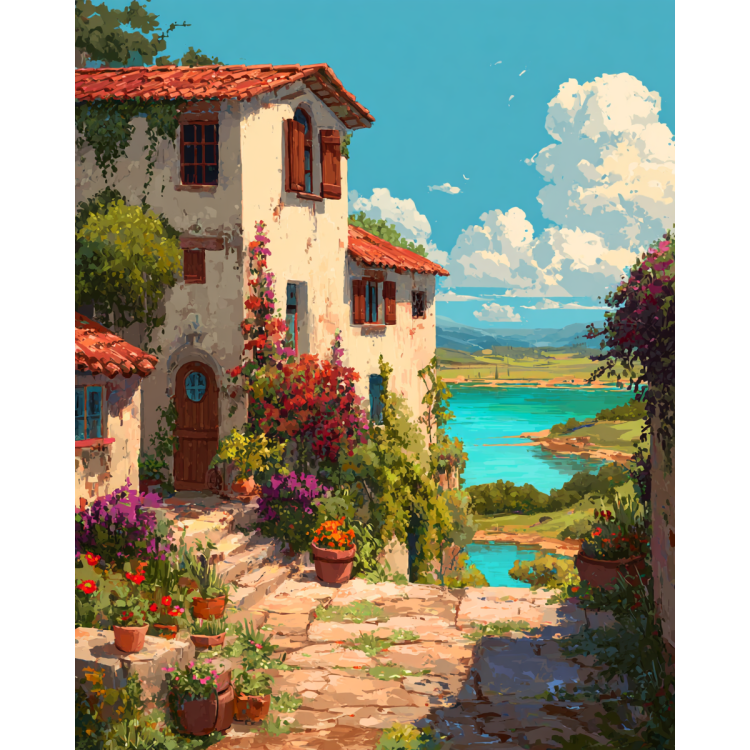 Deimantinė mozaika su porėmiu "Vila prie ežero" 40x50 cm DP441