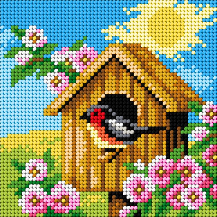 Kreuzstich-Set "Vogelhaus – Frühling" 13,5x13,5 cm SAM2303