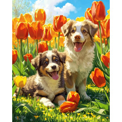 Diamond Painting kit with subframe "Puppies in tulips" 30x40 cm VA930