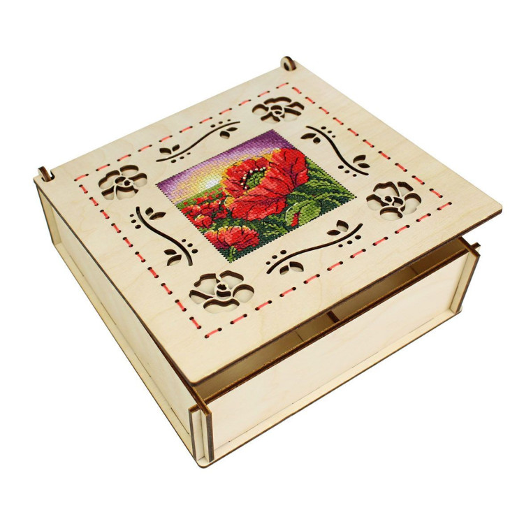 Cross-stich on wooden base "Box. Poppies" 7*20*20 cm SO-164