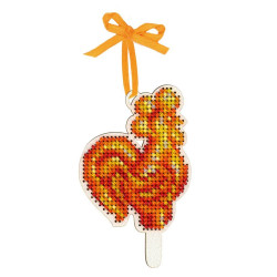 Cross-stich on wooden base"Rooster-shaped lollipop" 10*9 cm SO-161