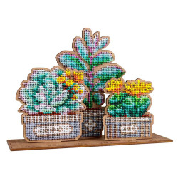 Cross-stich on wooden base"Succulent garden" 14*20*7 cm SO-160