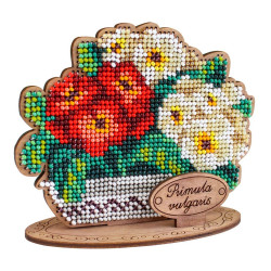 Cross-stich on wooden base"Primroses in a pot" 10*12*5 cm SO-159