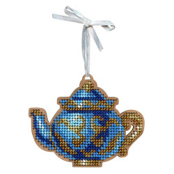 Cross-stich on wooden base"An elegant tea set. Teapot" 8*10 cm SO-154