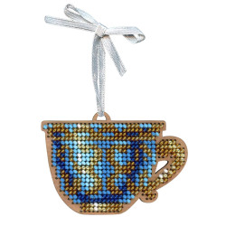 Cross-stich on wooden base"An elegant tea set. A cup" 5*8 cm SO-144