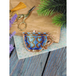 Cross-stich on wooden base"An elegant tea set. A cup" 5*8 cm SO-144