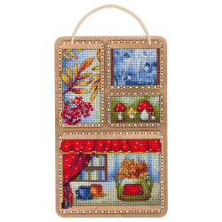 Cross-stich on wooden base "Autumn collage" 26*17 cm SO-126