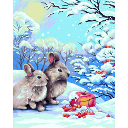 SALE (Discontinued) Wizardi Painting by Numbers Kit Rabbits in Winter Forest 40x50 cm L018