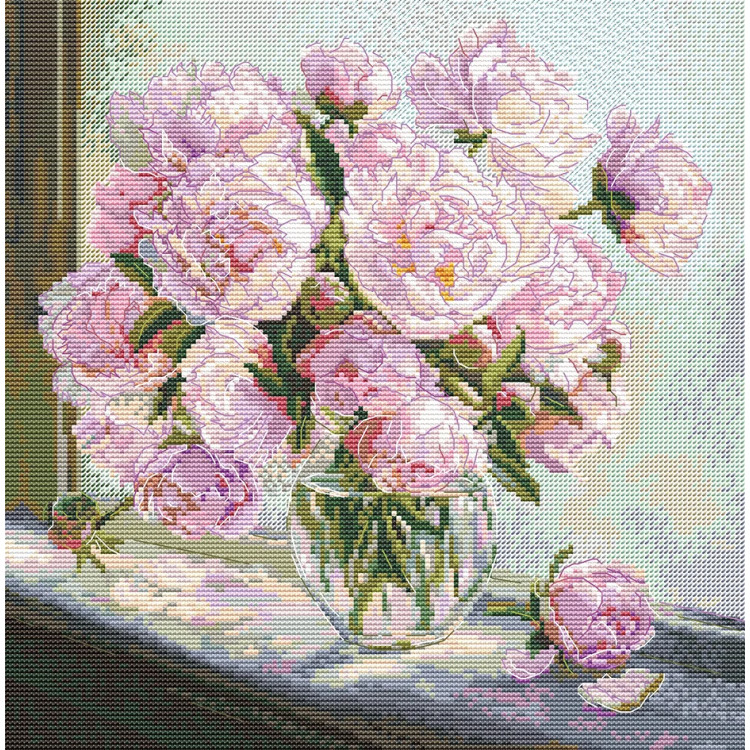 Kreuzstich-Set "Pfingstrosen am Fenster" 24,5 x 24,5 cm SANP-80