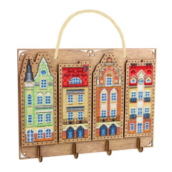 Cross-stich on wooden base "Key holder. Little houses" 16*22 cm SO-165
