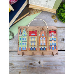 Cross-stich on wooden base "Key holder. Little houses" 16*22 cm SO-165
