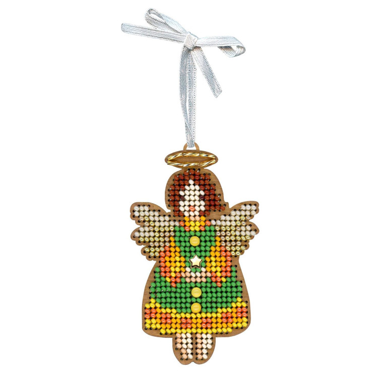 Cross-stich on wooden base "Little angel in green" 9*5 cm SO-151
