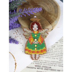 Cross-stich on wooden base "Little angel in green" 9*5 cm SO-151