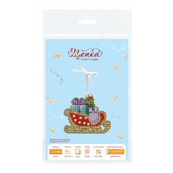 Cross-stich on wooden base "Christmas tree decoration. Festive sleigh" 8*9 cm SO-145